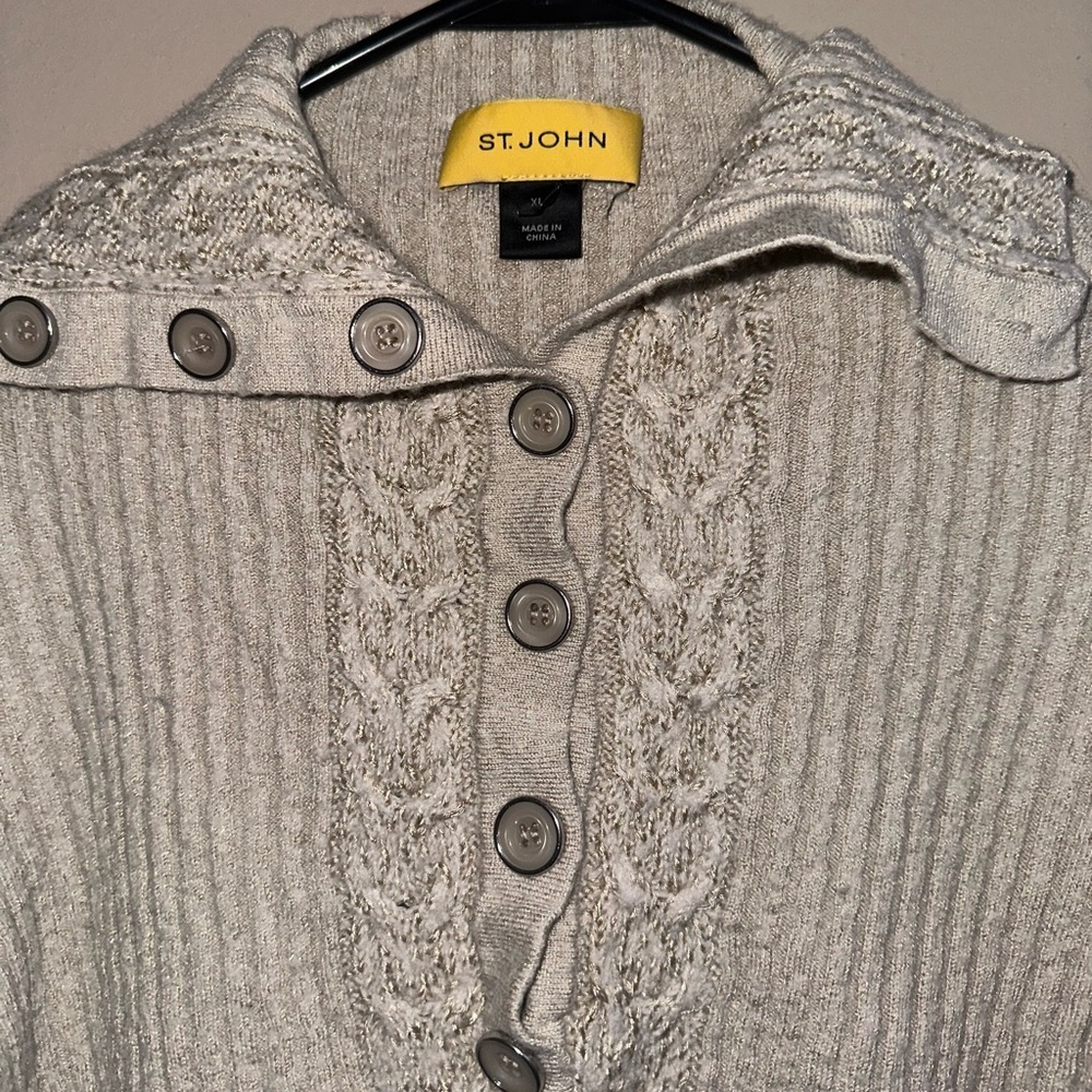 St. John XL Wool Cowl Neck Sweater Tan Gold Button Detail Quiet Luxury - Picture 2 of 5